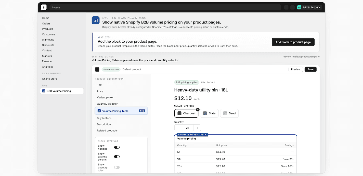 App admin screen showing the Add block to product page primary action