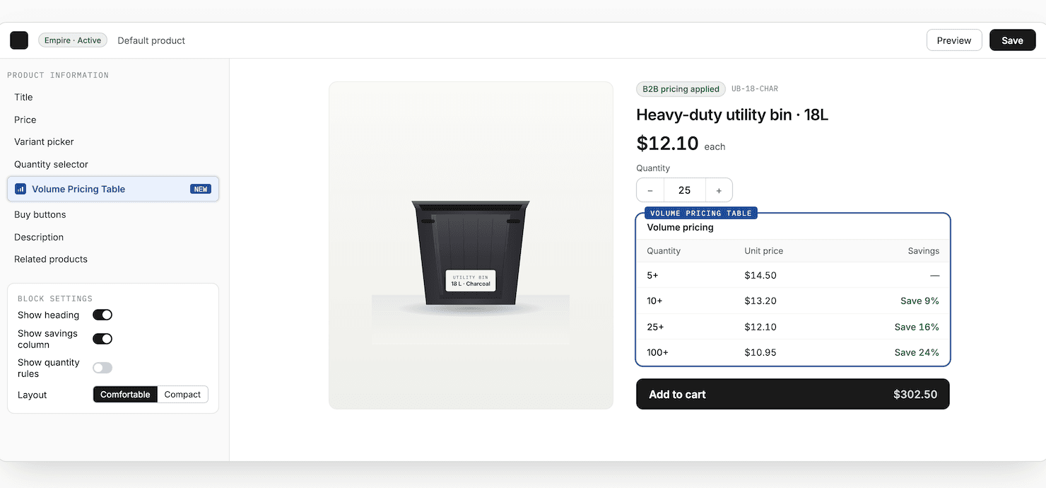 Shopify theme editor with the Volume Pricing Table block placed on the product template